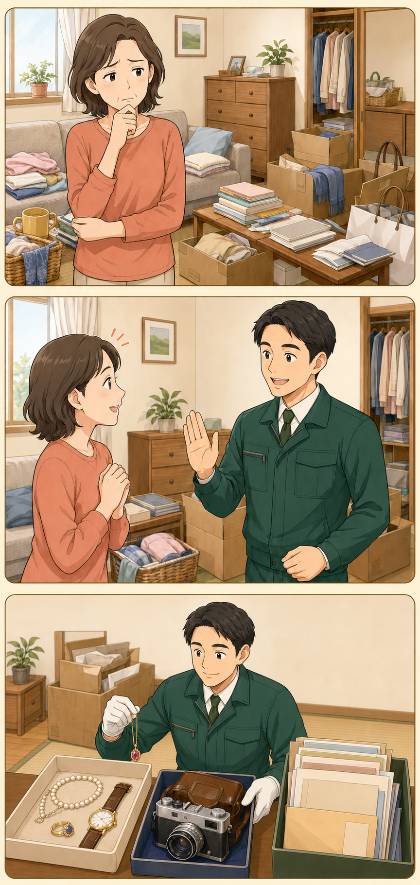 散らかった室内をそのまま見せ、スタッフが仕分けながら買取品や大切な物を確認する3コマ漫画